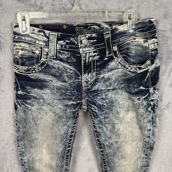 Miss Me Jeans Women’s Blue Angel Wing Bling Pockets 27 Acid Wash Thick Stitch - Picture 3 of 9